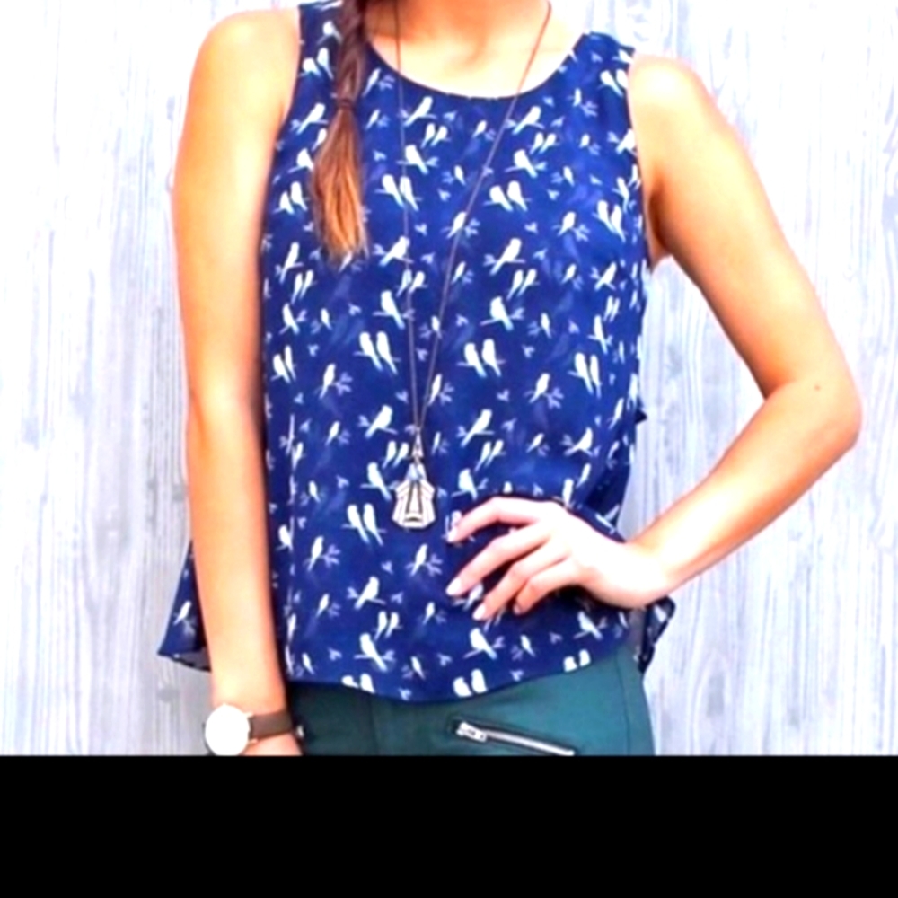 CAbi Chirp Top Blue Parakeet Novelty Bird Sleeveless Blouse Size M